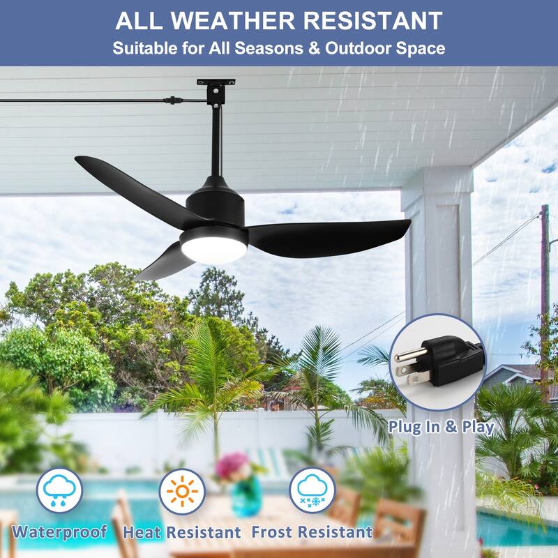 Outdoor Ceiling Fan with Light: 42-52 Inch Hanging - Plug in Waterproof Fans for Patio - Dimmable Remote App Control Black