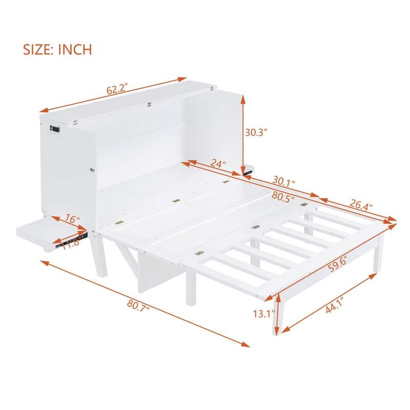 Queen Size Murphy Bed Chest with Desk, USB Port,Removable Shelves on Each Side