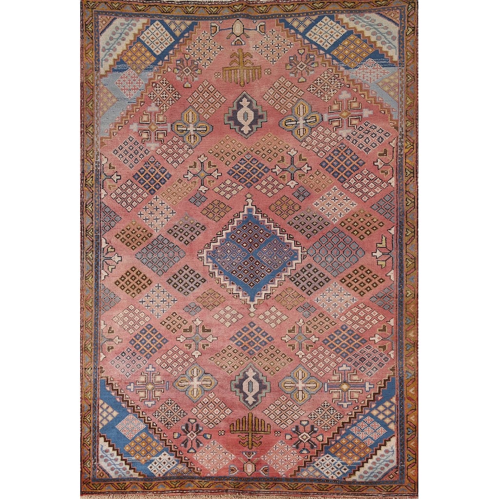 Pink Geometric Joshaghan Persian Vintage Area Rug Handmade Wool Carpet - 4'6" x 6'7"