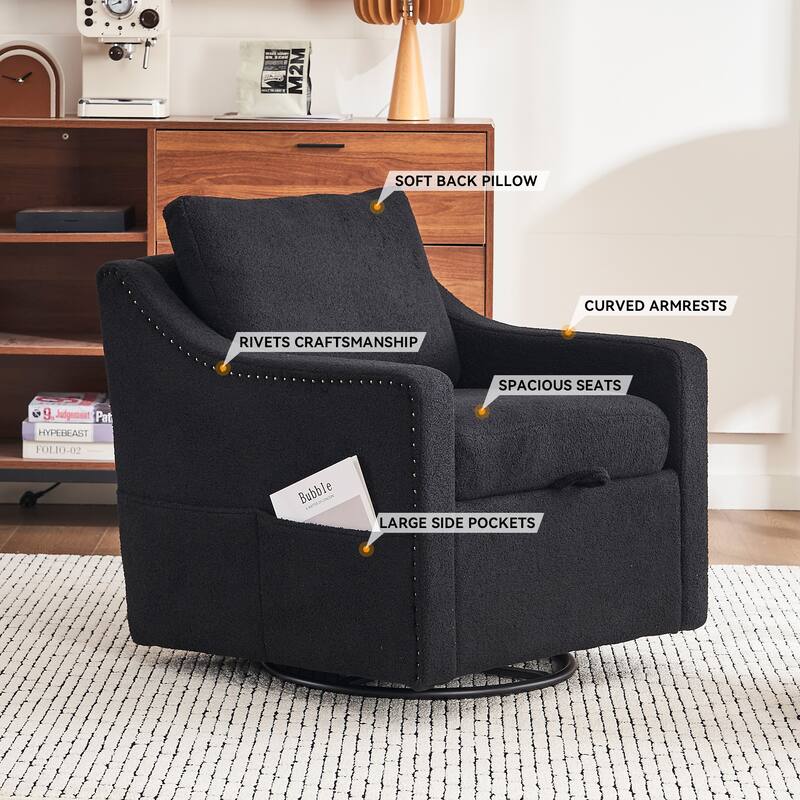 360° Swivel Accent Chair with 1 Back Pillow, Teddy Upholstered Reading Chair with Rivet Trim, Single Sofa Chair for Living Room