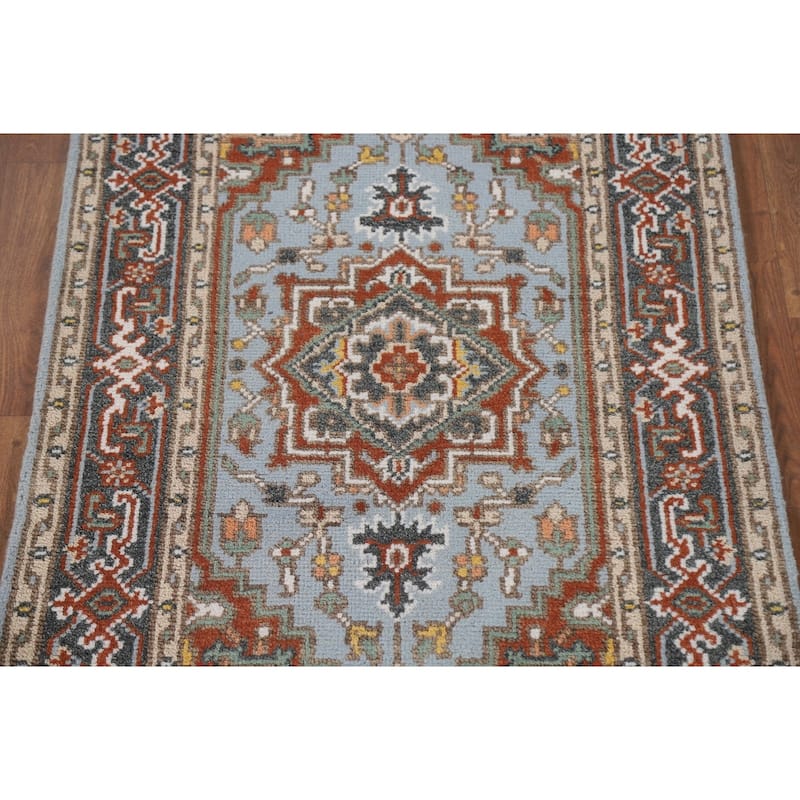 Light Blue Geometric Heriz Indian Area Rug Handmade Wool Carpet - 3'2"x 4'11"
