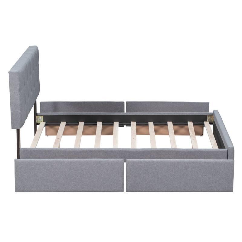 Queen Upholstered Bed Frame with 4 Drawers, Linen Fabric Platform Storage Bed with Classic Headboard and Wooden Slats Support