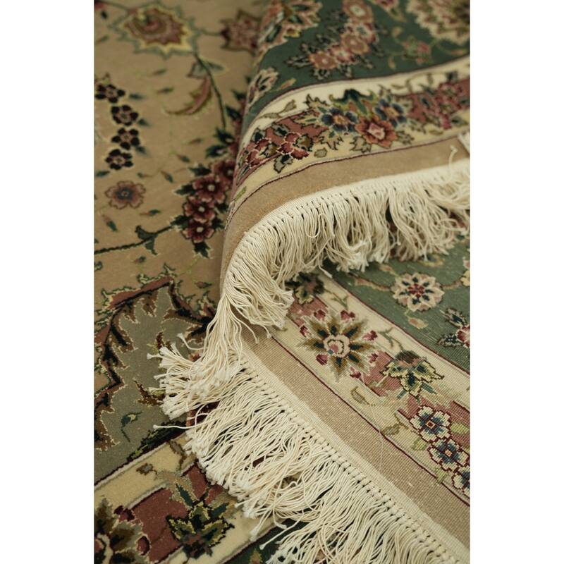 Hand Knotted Oriental Wool & Silk Carpet Traditional Floral Green Aubusson Area Rug - 12' 0'' X 9' 0''