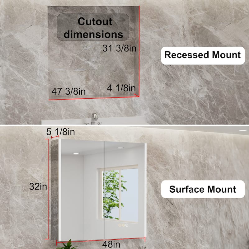 Rail Aluminum Recessed/Surface Mount Bathroom Medicine Cabinet with Mirror, Adjustable Brightness, Defogging & USB Port