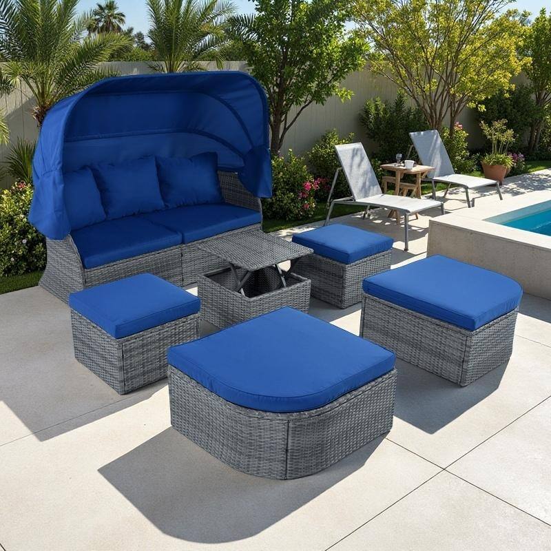 6-Pieces Outdoor Patio Rattan Round Daybed Sunbed Set with Retractable Canopy and Lift Table - Blue