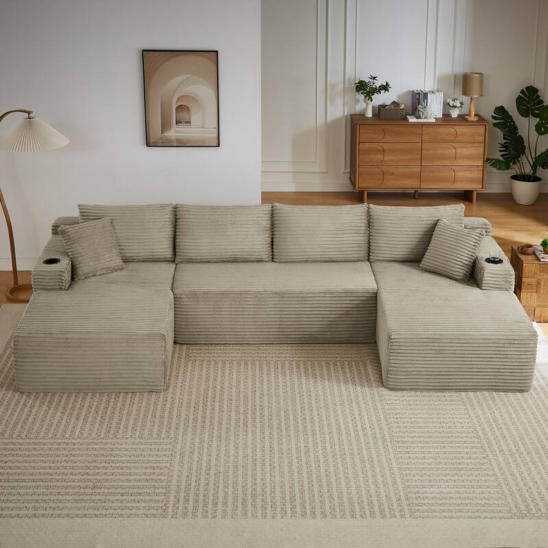 U-Shaped Modular Sectional Sofa Set, Compressible Corduroy Deep-Seat Sofa, Large 6 Seat Sofa with Cup Holders & Ottoman - Camel