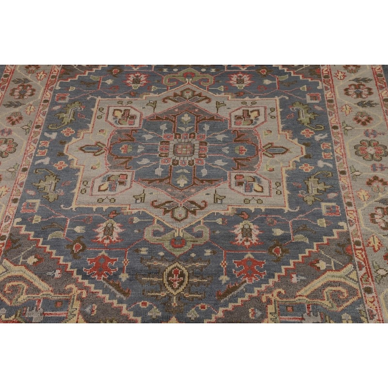 Blue Geometric Heriz Serapi Oriental Area Rug Hand-Knotted Wool Carpet - 9'3"x 11'9"