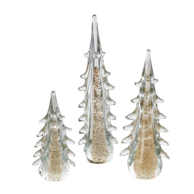 Glass Tree Dimensional Sculpture with Gold Flake Accents - Set of 3 Gold - Roche River Decor - 4"W x 4"L x 15"H