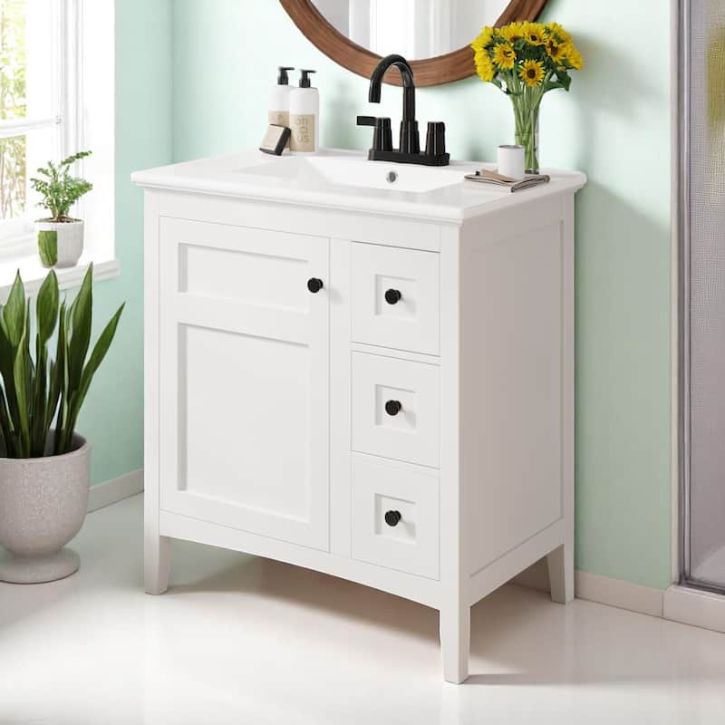 Modern 30 Inch Bathroom Vanity with Porcelain Countertop, 3 Drawers, Solid Wood and MDF Storage Cabinet - White