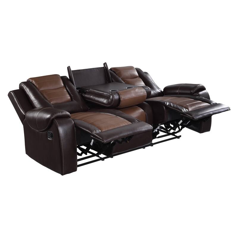 Istro 86 Inch Manual Recliner Sofa, Drop Down Table, Brown Faux Leather