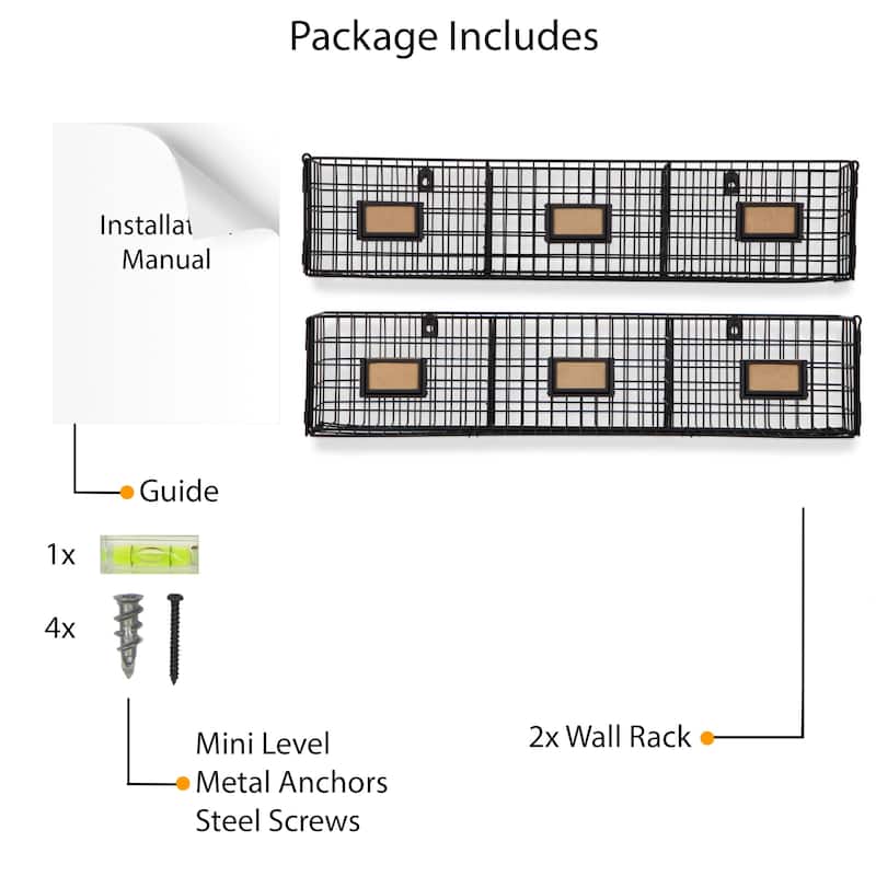Metal Wall Basket, 3 Sectional Wall Organizer Rack, Set of 2, Black
