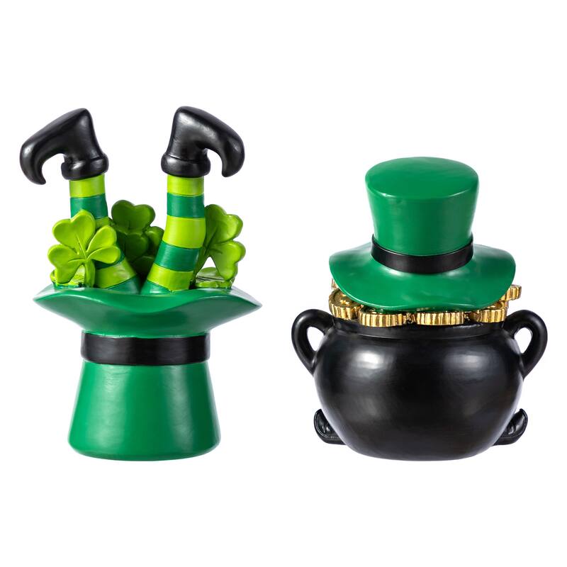 Glitzhome Set of 2 St Patrick's Resin Pot of Gold & Leprechaun Hat Table Decor