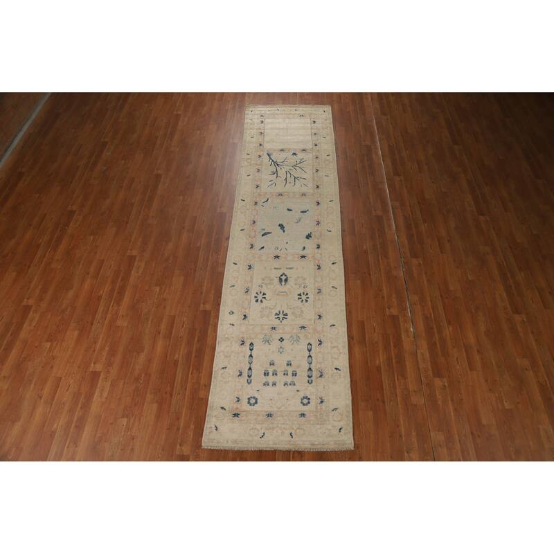 Hand Knotted Oriental 100% Wool Carpet Traditional Floral Beige & Ivories Art Deco Runner Rug - 11' 10'' X 3' 0''