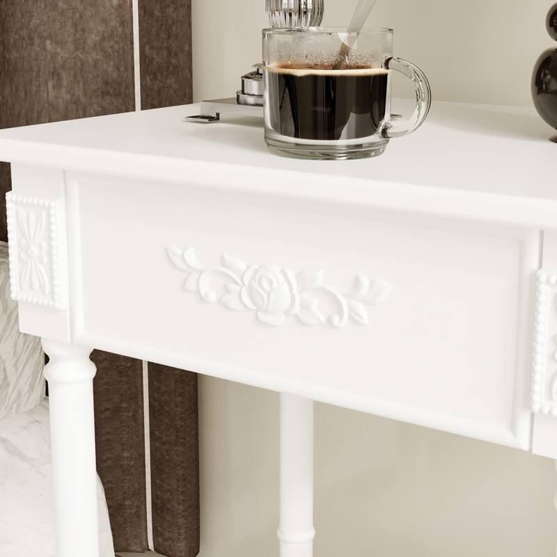 Vintage End Table with Drawer and Shelf, French Style Nightstand with Solid Wood Legs, White Accent Table