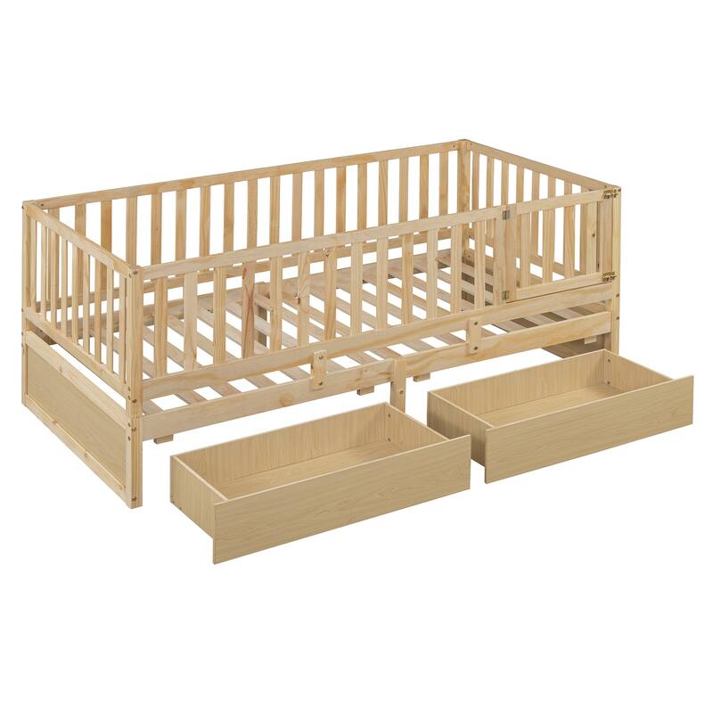 Pine Wood Daybed Floor Bed Frame with Fence Guardrails and 2 Drawers, Converts into Two Individual Beds, No Box Spring Needed