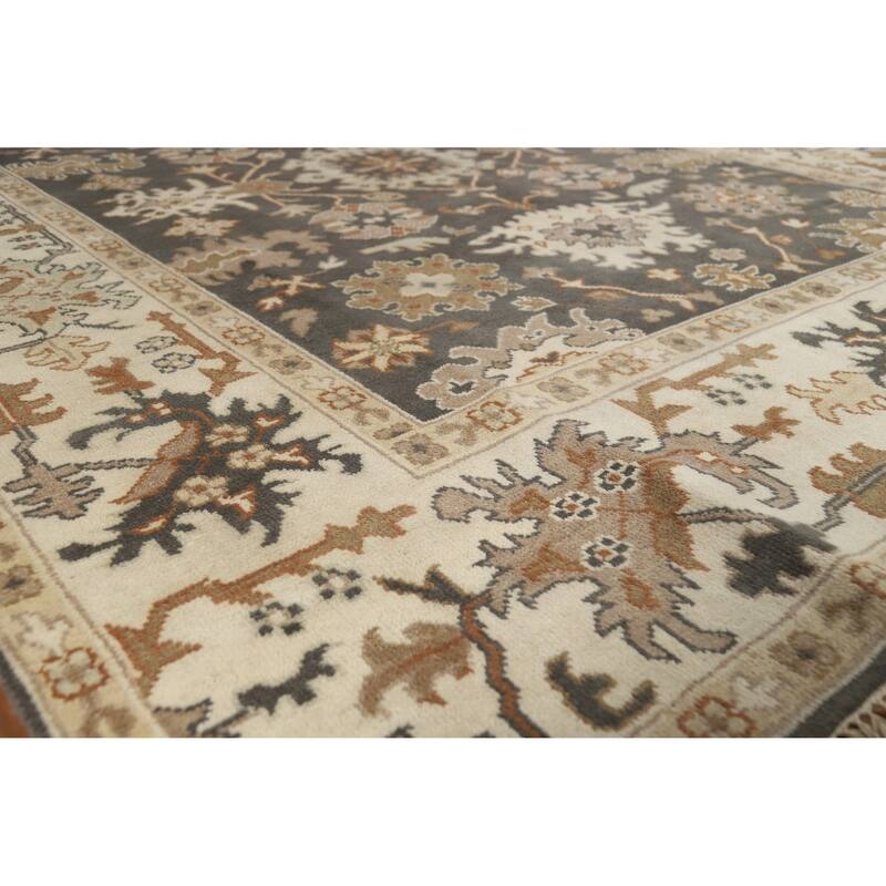 Dark Gray Floral Oushak Indian Area Rug Handmade Wool Carpet - 7'11" x 10'0" - Grey - 7'11" x 10'0"
