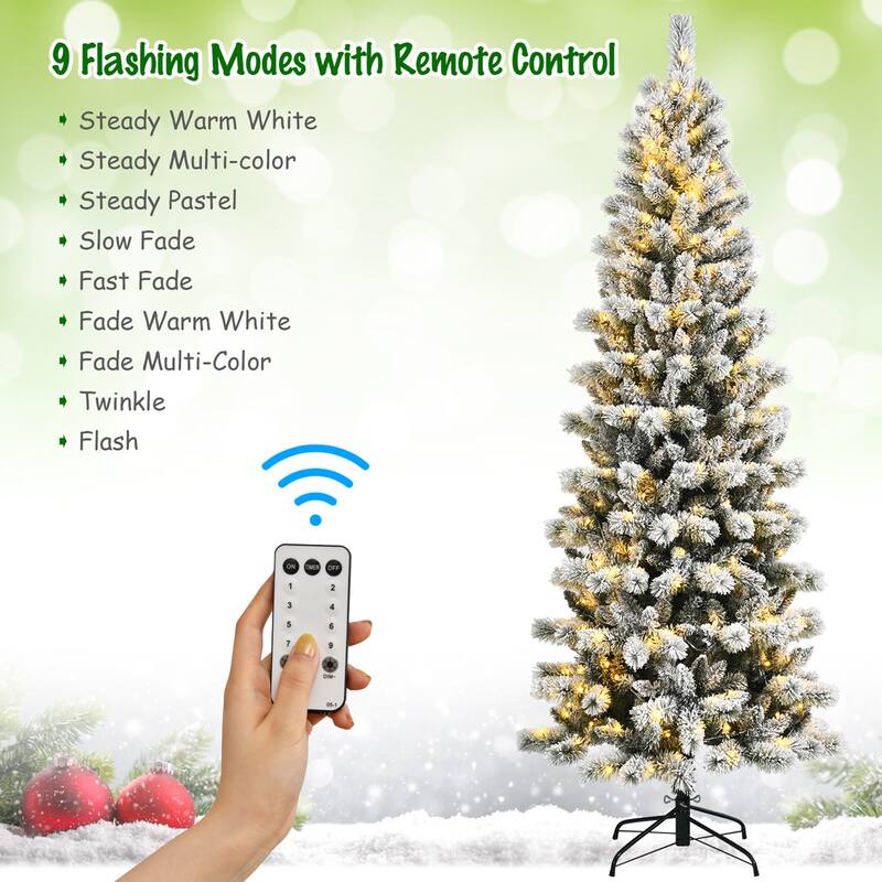 Gymax 5/6/7.5/8 ft Pre-lit Snow Flocked Artificial Christmas Tree w/
