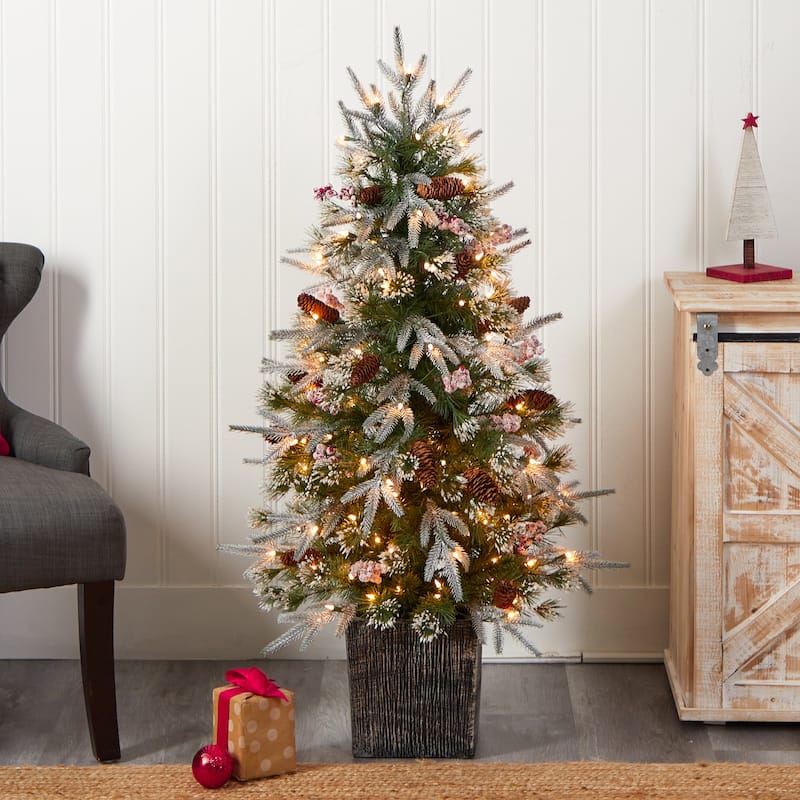 4Ft Frosted Christmas Tree with Lights & Berries - Holiday Decor Indoor Tree in Planter - Green - 48