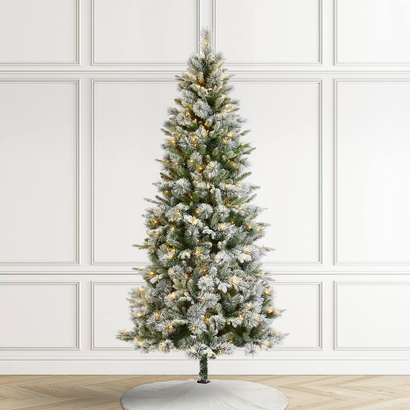 Glitzhome 7.5ft/9ft/11ft Pre-Lit Flocked Slim Pine Artificial Christmas Tree w/ Foot Pedal & Remote Control