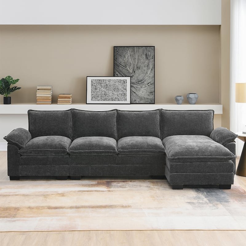 Chenille Upholstered Sectional Sofa with Chaise and Storage Pockets, 5 Seat Lounge Cloud Couch L-shaped Recliner Couches