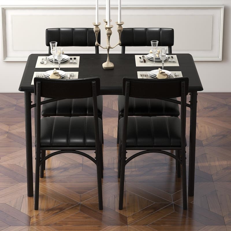 Rectangular Dining Table Set for 4 with Upholstered Chairs - Black