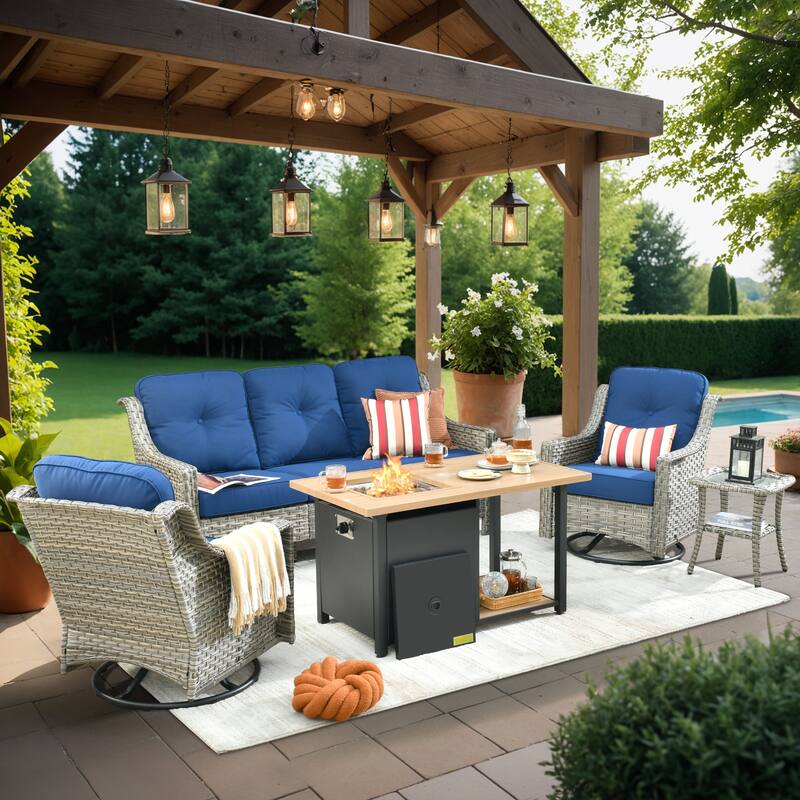 XIZZI 5-piece Patio Furniture Wicker Swivel Rocking Chair Set with Fire Pit - Navy Blue