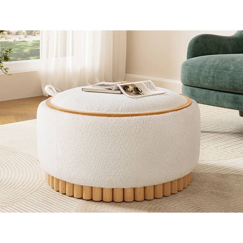 Roomfitters 29 Inch Round Storage Ottoman with Reversible Wooden Tray Top, Upholstered Coffee Table for Living Room