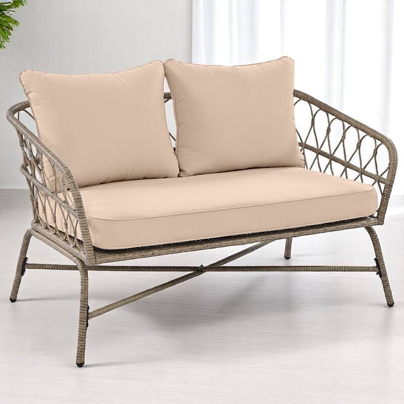 4-Piece Boho Wicker Patio Conversation Set with Acacia Wood Table, Removable Cushions-4-Person Outdoor Seating Group sofa set