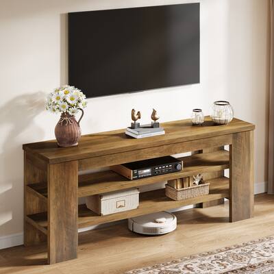 47'' Rustic Brown Wooden 3-Tier TV Stand with Open Storage, Shoe Bench