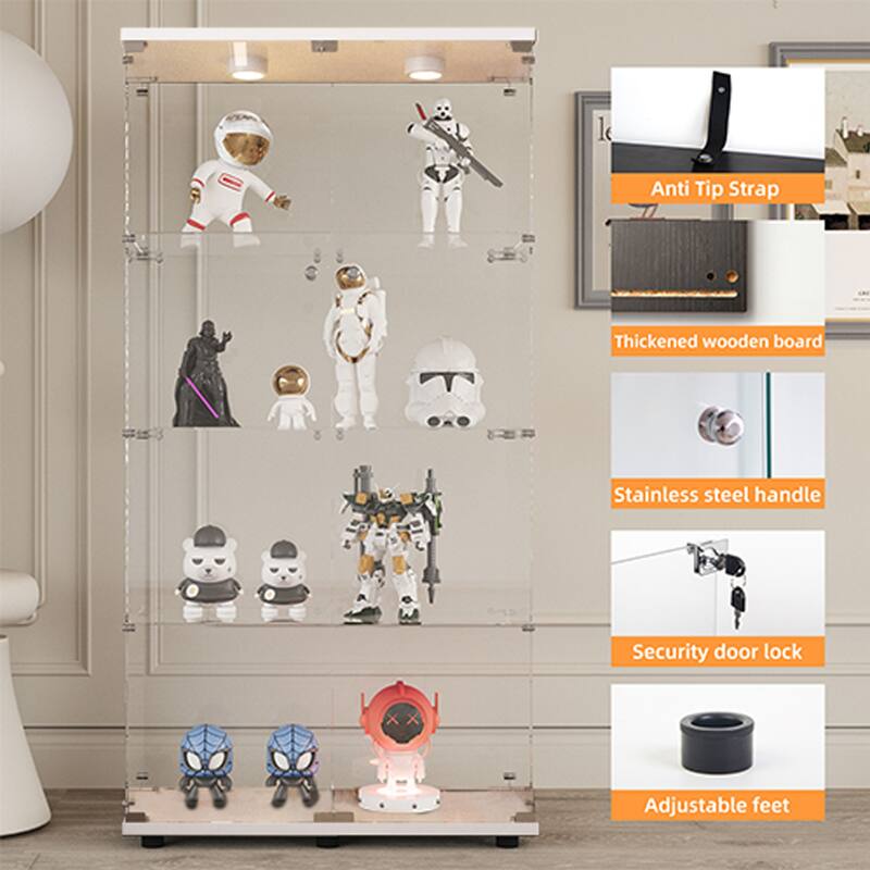 Tempered Glass Display Cabinet with Door Lock, Adjustable Feet and Colorful LED Lights, Wine Storage Curio Cabinet