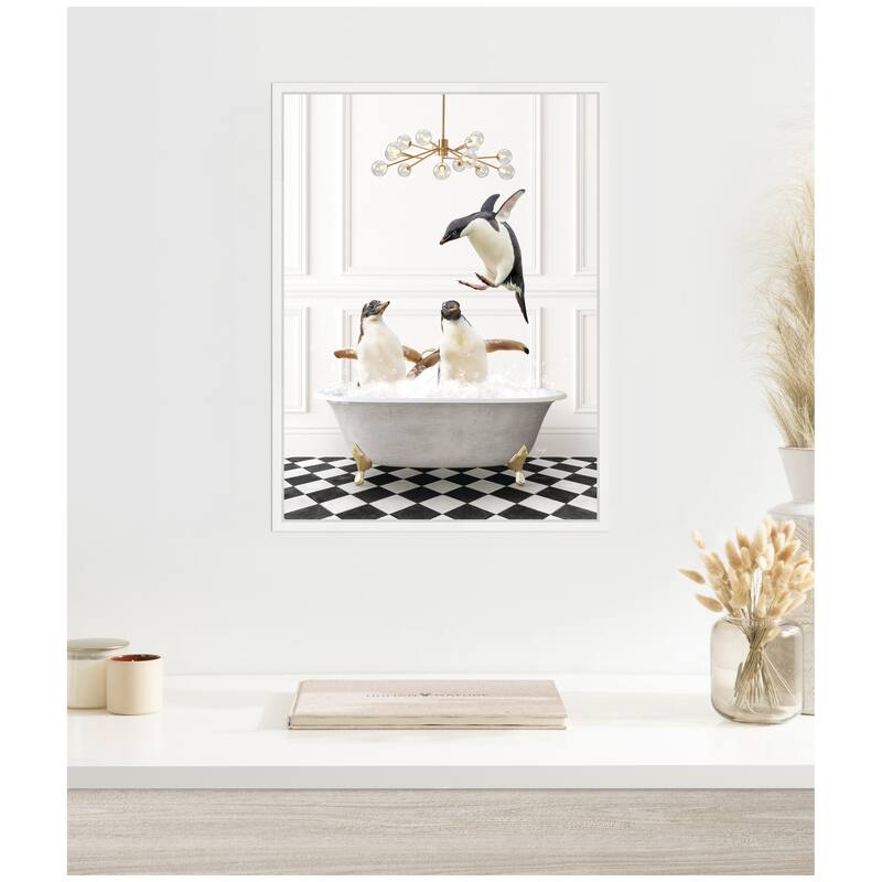 Kate and Laurel Sylvie Penguins in Lux Bathtub Framed Canvas by Amy Peterson