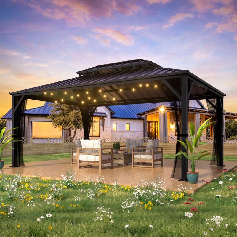 VEIKOUS Aluminum Double Hardtop Gazebo Pergola for Patio, Lawn, and Garden with Removable Netting