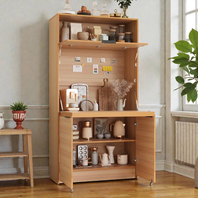 Compact Kitchen Pantry Cabinet with Hutch, Foldable Workstation, Power Outlet, 69 Inch Buffet Storage