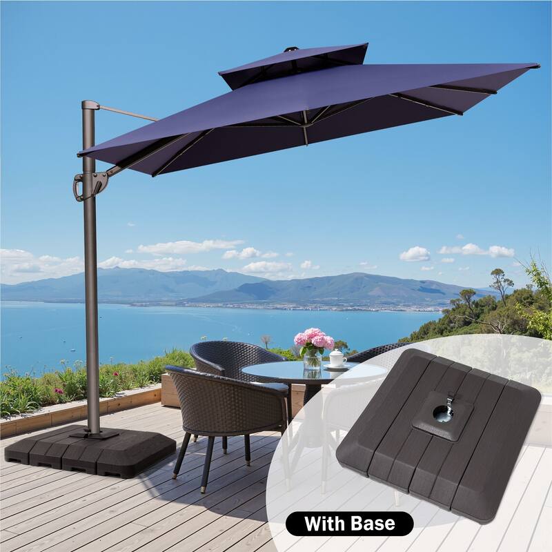 9 x 12 ft Double Top Patio Cantilever Umbrella with Base, 360-degree Rotation - Navy Blue