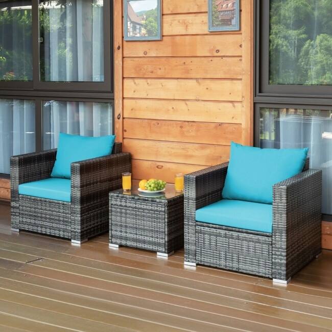 3 Pieces Patio Rattan Furniture Bistro Sofa Set with Cushioned - 28.5" (L) x 27.5" (W) x 27" (H)