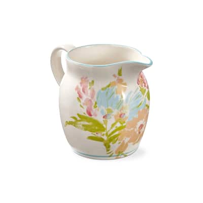 Bloom & Blossom Flower Large White Earthenware Water Beverage Pitcher, 80 oz