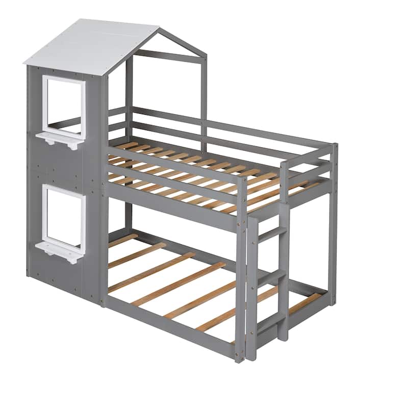 Grey Twin over Twin Solid Wood Bunk Bed with Roof, Window, Guardrail, and Ladder