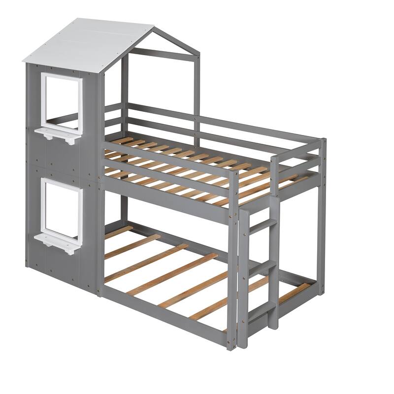 Playhouse-Inspired Twin Over Twin Bunk Bed with Roof, Window, and Safety Guardrails, Perfect for Kids - White/Grey