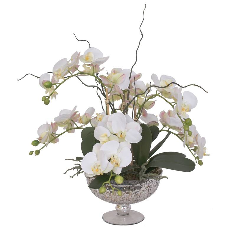 Real Touch White Orchid Flower Arrangement in Round Silver Glass Bowl - 21W x 21D x 14.5H
