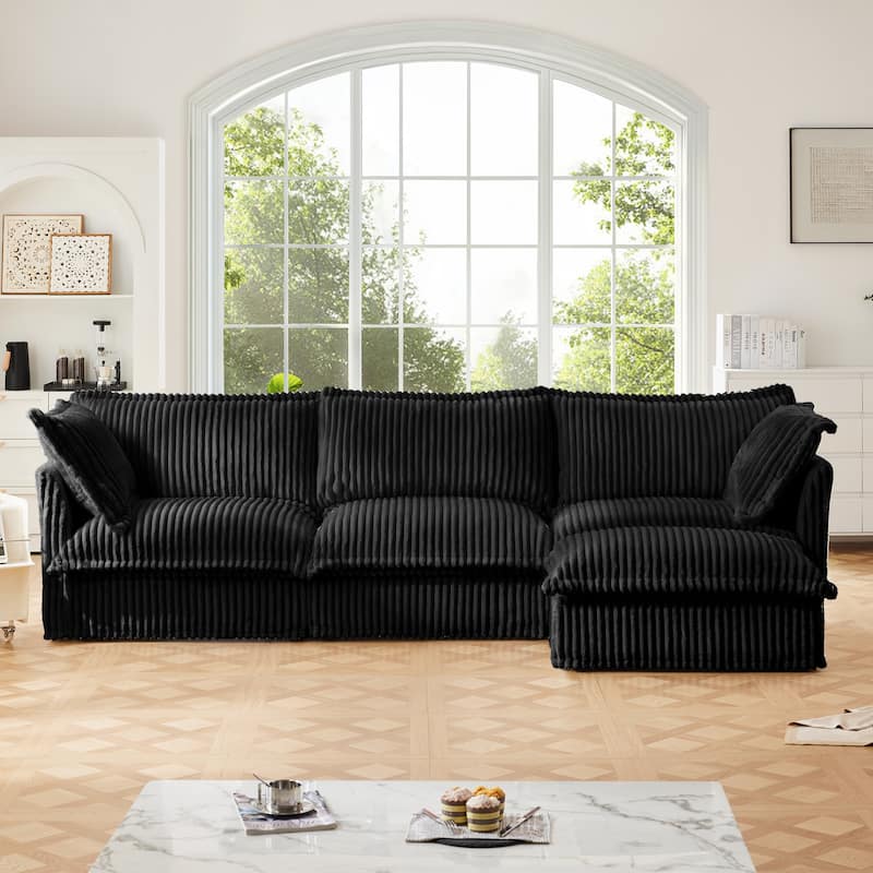 Modern L-Shaped 3-Seater Slipcovered Corduroy Sectional with Ottoman