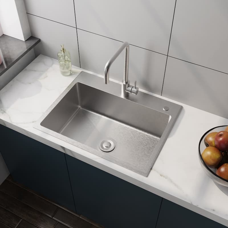 24 In. Drop-in Single Bowl 12 Gauge Silver Stainless Steel Kitchen Sink with Faucet - 24‘’ x 18''
