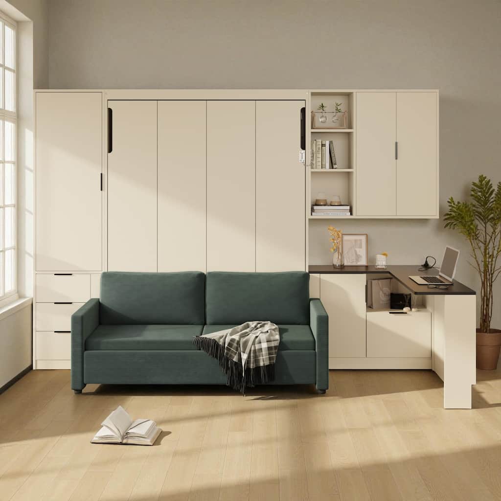 Queen Wall Murphy Bed with Hydraulic Lift Storage, Sofa, Shelves, Drawers, LED & USB Lighting for Small Spaces