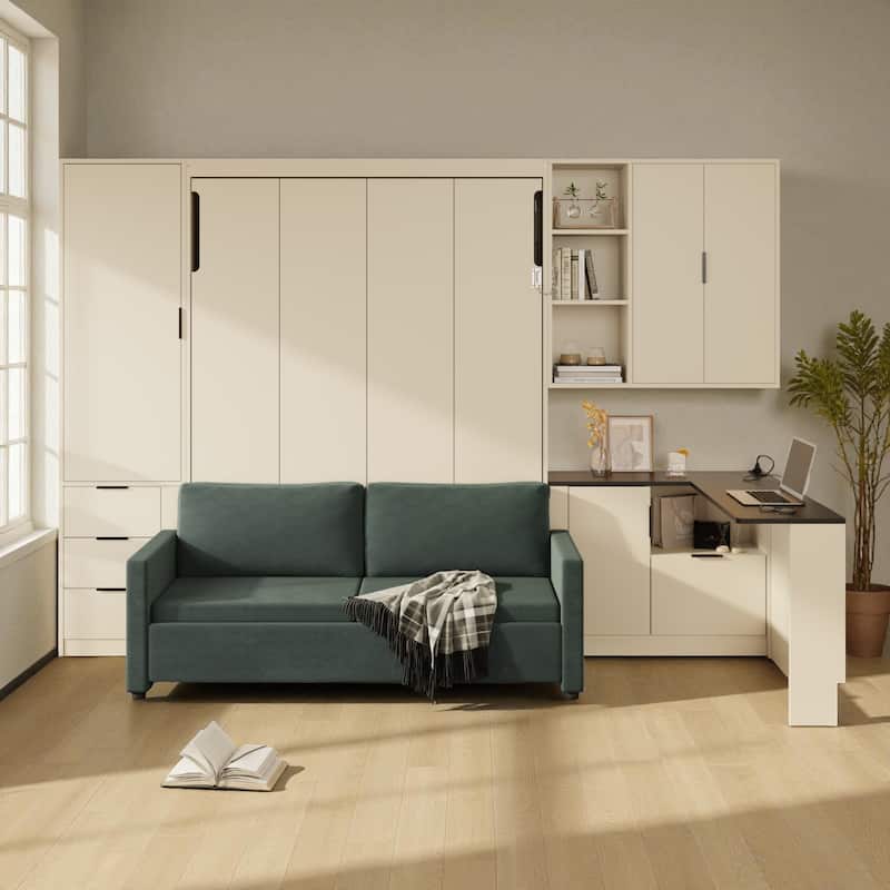 Queen Wall Murphy Bed with Hydraulic Lift Storage, Sofa, Shelves, Drawers, LED & USB Lighting for Small Spaces - Beige - Queen