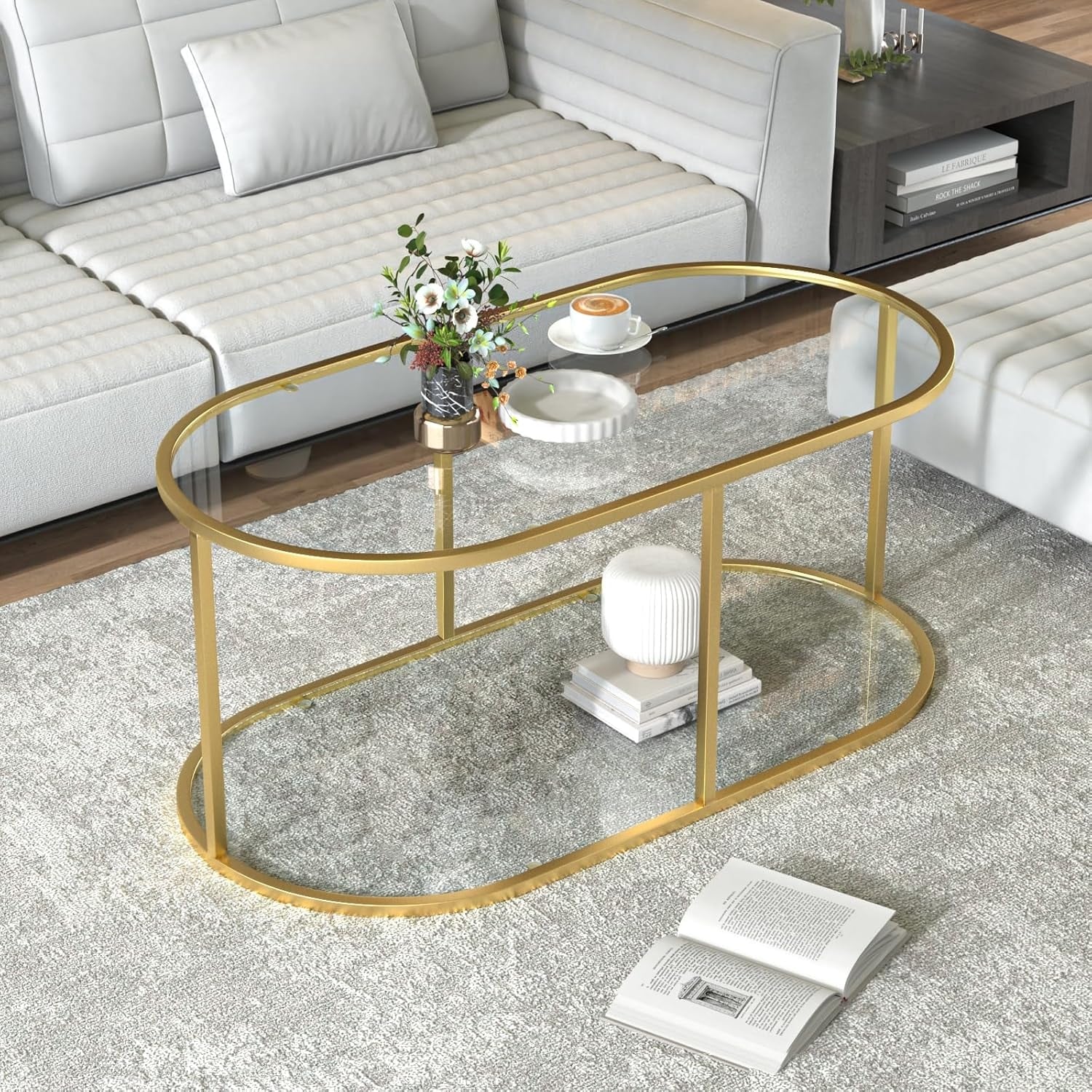Oval 2-Tier Coffee Table with Tempered Glass & Metal Frame for Living Room, Bedroom or Office