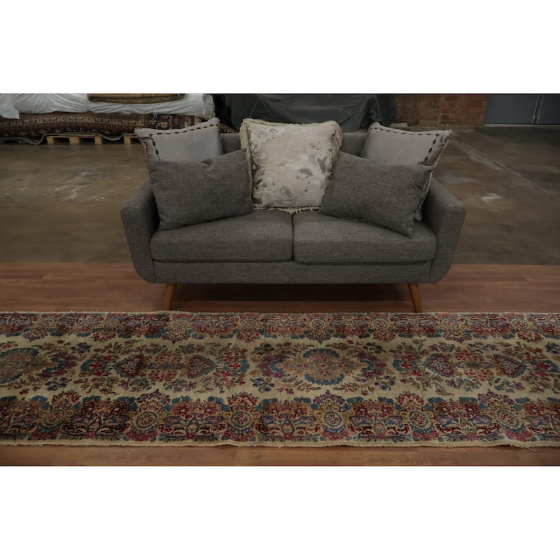 Hand Knotted Oriental 100% Wool Carpet Traditional Floral Beige & Ivories Kerman Runner Rug - 19' 3'' X 3' 1''