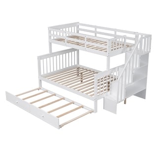 White Twin-Over-Full Bunk Bed with Storage Stairs & Trundle聽