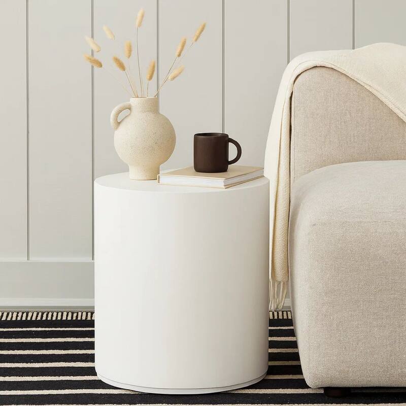 Viko Round Side End Table, White Wood Faux Concrete Finish, 20 Inch