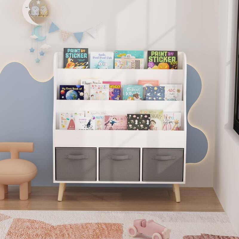 Anmytek 3 Tier Kids Bookcase with Toy Storage Drawers Slanted Display Shelves Pine Wood White for Nursery Playroom