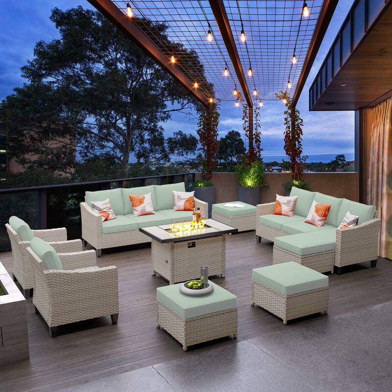 HOOOWOOO 9-piece Wicker Outdoor Patio Seating Set with Fire Pit Table