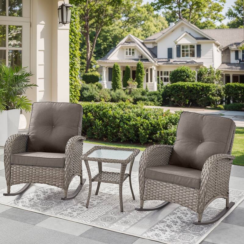 Rattan Rocking Chair with Tempered Glass Side Table - Grey - Grey